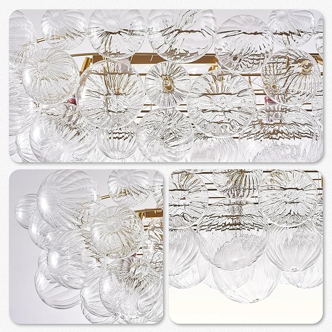 Luxury Bubble Glass Chandeliers Clear Ribbed Swirled Blown Glass Ball 50" L Rectangular Island Light Fixture Hanging Pendant Light Fixtures for Living Room Restaurant Dining Table