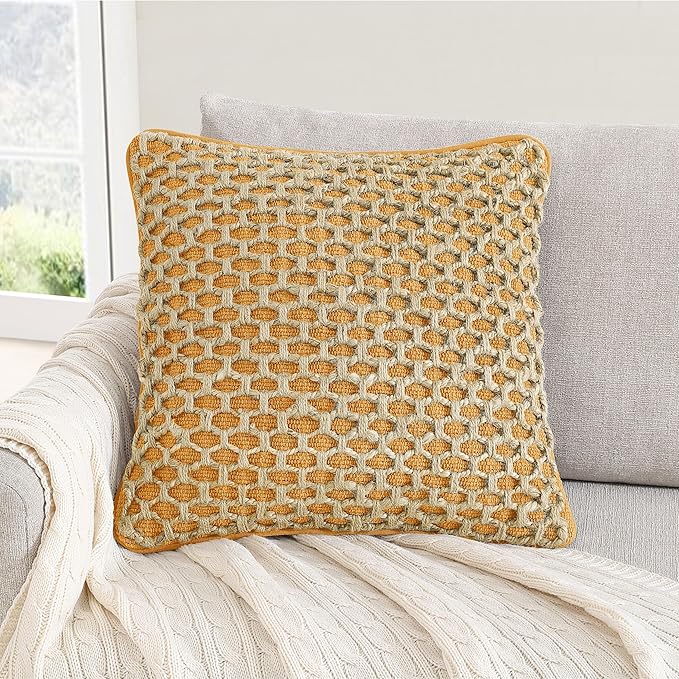 Boho Living Jada Premium Woven Design, Living Room Décor, Decorative Throw, (1) 18" x 18" Pillow Cover with Insert, Mustard Yellow