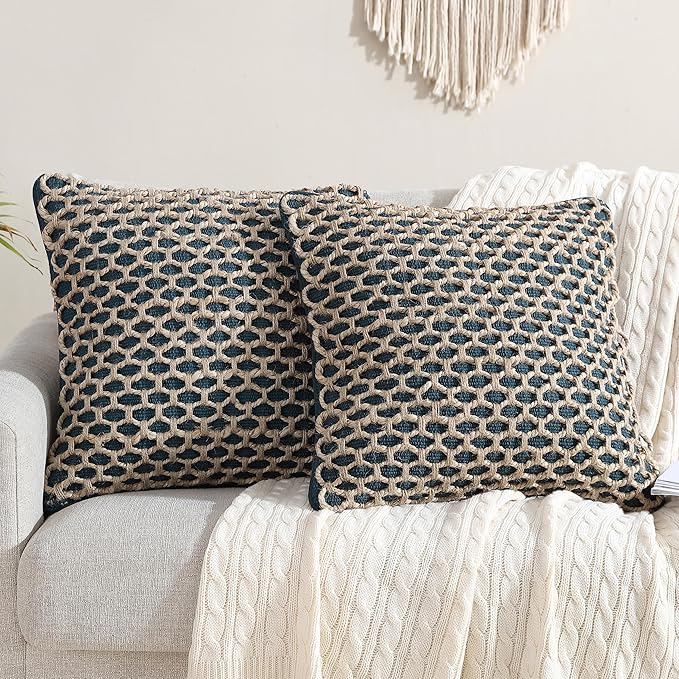 Boho Living Jada 2 Pc Decorative Throw Pillow Covers, Pillow Insert not Included, Premium Woven Design, Living Room Décor, (2) 20" x 20", Indigo