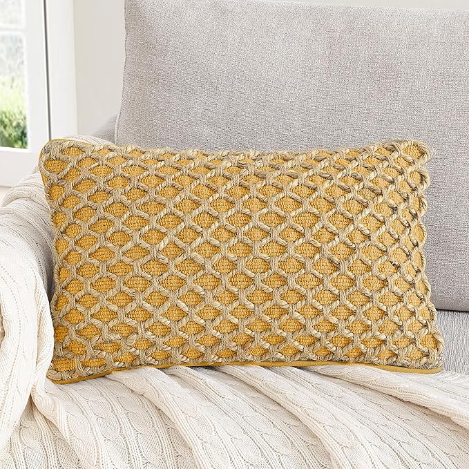 Boho Living Jada Premium Woven Design, Decorative Throw, Living Room Décor, (1) 12" x 20" Pillow Cover, Mustard Yellow