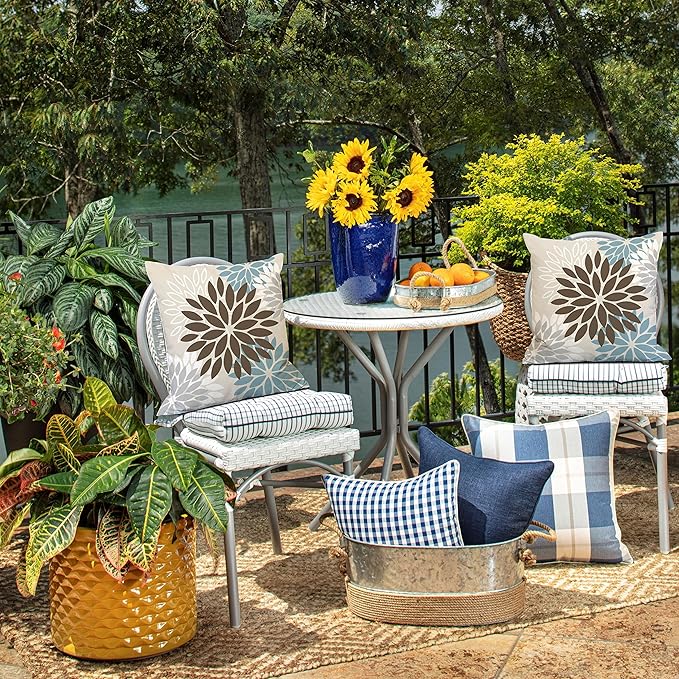 DFXSZ Brown Blue Flower Pillow Covers 18x18 Inch Set of 2 Summer Outdoor Waterproof Decor for Home Patio Funiture Garden Living Room Cushion Cover 002F18