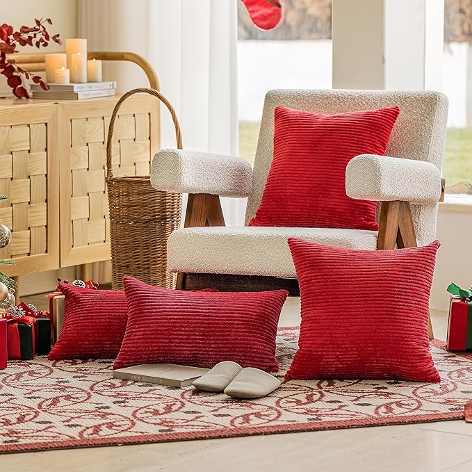 Home Brilliant Red Pillow Covers 18x18 Decorative Corduroy Plush Throw Pillows for Couch Holiday Wedding Christmas, Set of 2, Red