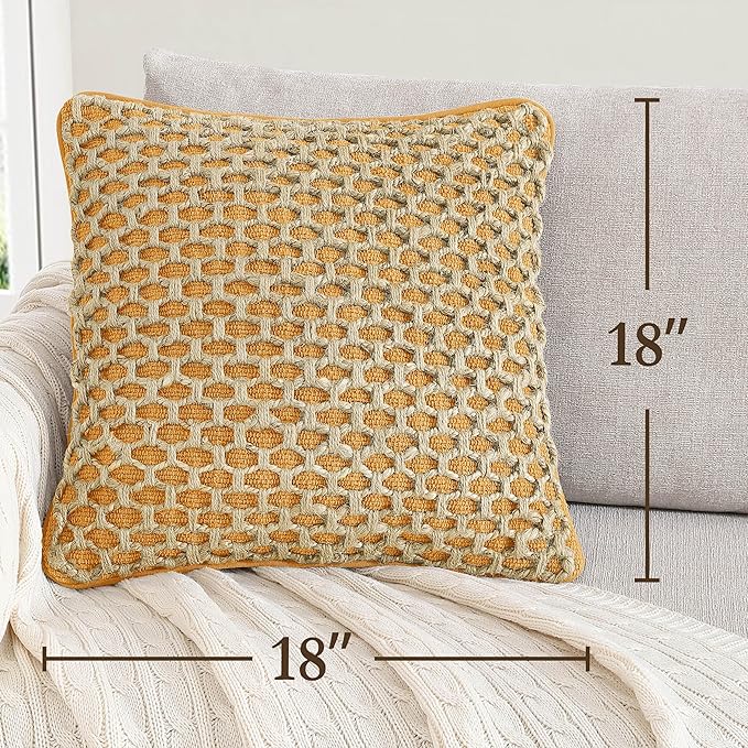 Boho Living Jada Premium Woven Design, Living Room Décor, Decorative Throw, (1) 18" x 18" Pillow Cover with Insert, Mustard Yellow