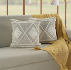 GRUHUM Throw Pillow Covers 18 x18 -Set of 2 Boho Pillow Cases Rustic Vintage Decorative Handwoven Sofa Couch Cover- Bedroom Farmhouse Living Room Bed Car Decor Modern Linen White Square 18X18 Inches