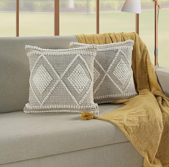 GRUHUM Throw Pillow Covers 18 x18 -Set of 2 Boho Pillow Cases Rustic Vintage Decorative Handwoven Sofa Couch Cover- Bedroom Farmhouse Living Room Bed Car Decor Modern Linen White Square 18X18 Inches