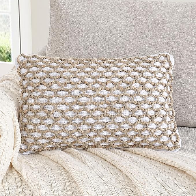 Boho Living Jada Premium Woven Design, Decorative Throw, Living Room Décor, (1) 12" x 20" Pillow Cover, White