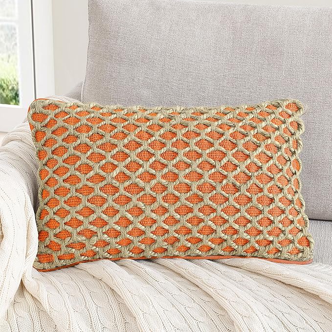 Boho Living Jada Premium Woven Design, Living Room Décor, Decorative Throw, (1) 12" x 20" Pillow Cover with Insert, Harvest Orange