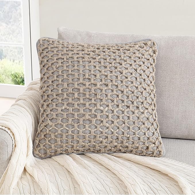 Boho Living Jada Premium Woven Design, Living Room Décor, Decorative Throw, (1) 18" x 18" Pillow Cover with Insert, Grey