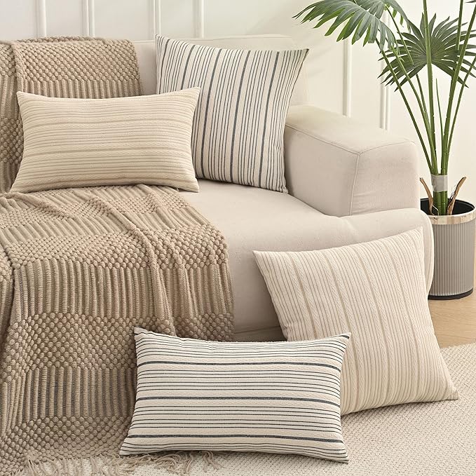 Gray Pillow Covers Farmhouse Linen Throw Pillow Covers Striped Outdoor Decorative Square Throw Pillows for Couch Sofa Bed 16 x16 in Pack of 2 Gray and Cream