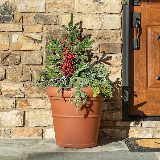 Step2 Claremont Tall Round Planter, Large Planters for Outdoor Plants, Gardening and Flower Pot for Patio or Porch, Efficient Drainage, Durable Plastic, Terracotta, 2-Pack