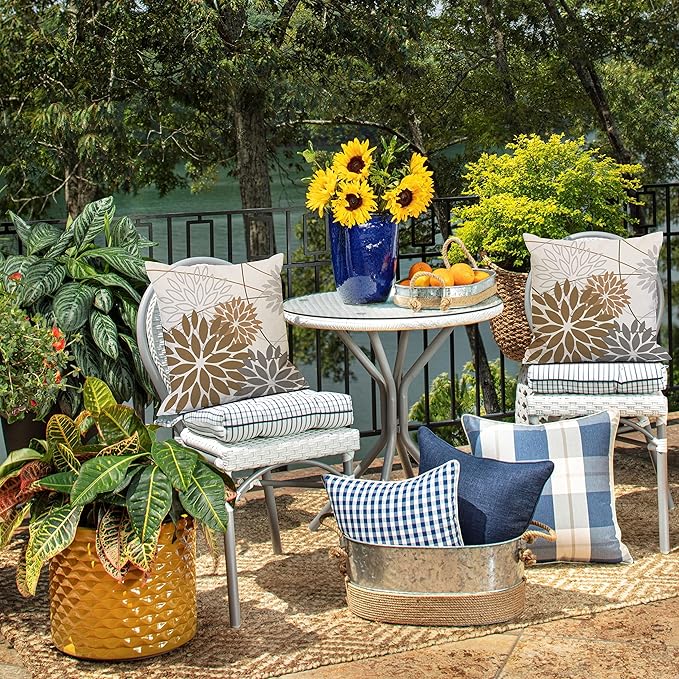 Brown Grey Outdoor Pillow Cover 18X18 Inch Set of 2 Outdoor Waterproof Summer Floral Brown Decorative Pillow case Decor for Couch Patio Funiture Garden Print Polyester Cushion Cover 01E18