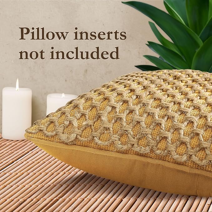 Boho Living Jada Premium Woven Design, Living Room Décor, Decorative Throw, (2) 20" x 20" Pillow Covers, Mustard Yellow 2 Count
