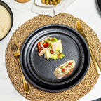 bzyoo 12 Piece Melamine Dinnerware Set - Durable, Dishwasher Safe Black Plates and Bowls - Casual Dining, Parties, Camping Dish Set Mono Black Collection