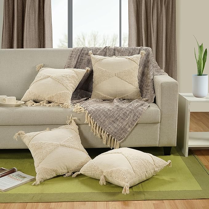 GRUHUM Throw Pillow Covers 18x18-Set of 2 Boho Decorative Handwoven Fancy Tufted Cushion Case for Living Room Bedroom Sofa Couch Farmhouse Car Home Decor Cotton Comfy Square Modern 18x18 inch,Cream