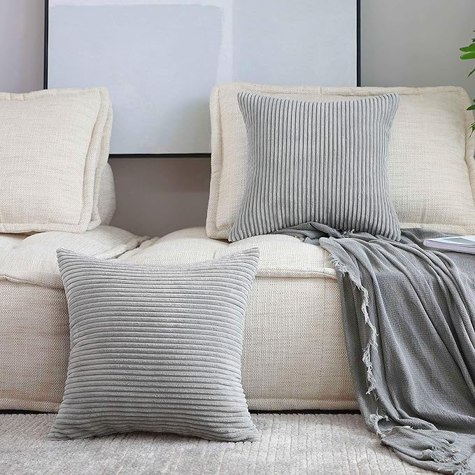 Home Brilliant Set of 2 Decorative Pillows Covers for Couch Striped Velvet Sofa Pillows Cover 40x40cm, 16 x 16 Inch, Light Grey