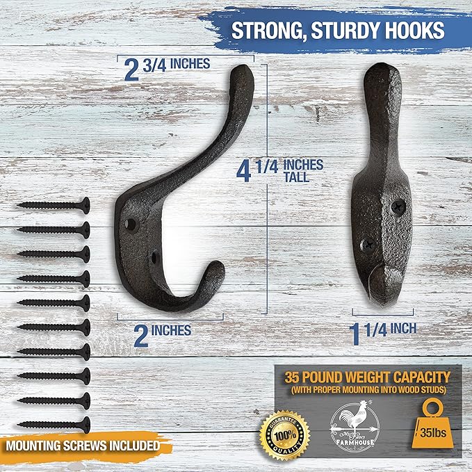 Rustic Cast Iron Coat Hooks (5 Pack) - Wall Mounted Farmhouse Decorative Vintage Hooks for Hanging Coats, Bags, Hats, Towels (Black, Large Spoon)