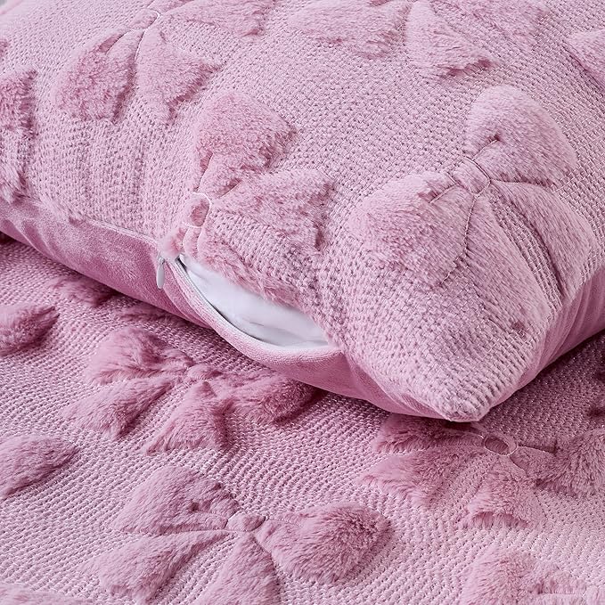 Pink Christmas Pillow Covers 18x18 Set of 2 Valentine Coquette Room Decor Cute Faux Fur Soft Aesthetic Bowknot Plush Preppy Fluffy Decorative Throw Cushion Case for Sofa Couch Bed Chair Living Room