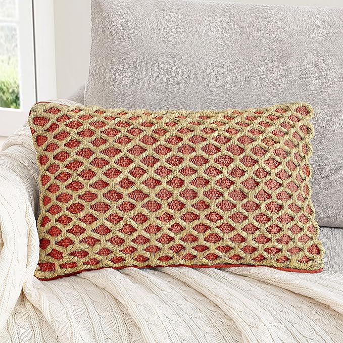 Boho Living Jada Premium Woven Design, Decorative Throw, Living Room Décor, (1) 12" x 20" Pillow Cover, Rust