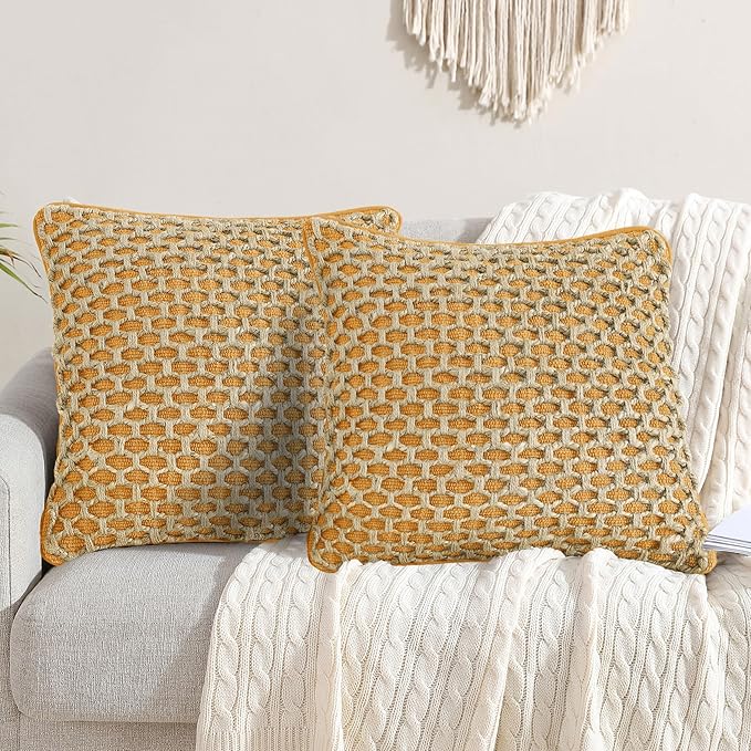 Boho Living Jada Premium Woven Design, Living Room Décor, Decorative Throw, (2) 20" x 20" Pillow Covers, Mustard Yellow 2 Count