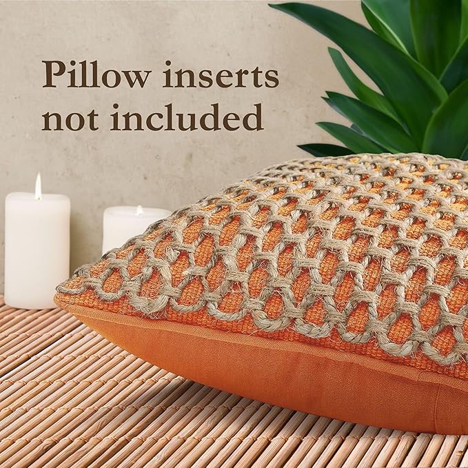 Boho Living Jada Premium Woven Design, Decorative Throw, Living Room Décor, (2) 20" x 20" Pillow Covers, Harvest Orange 2 Count