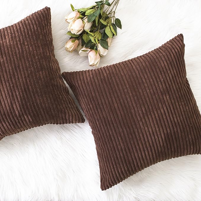 Home Brilliant Throw Pillow Covers 18x18 Set of 2 Solid Plush Corduroy Striped Square Cushion Covers Bed Decor, 18x18 inch, Brown