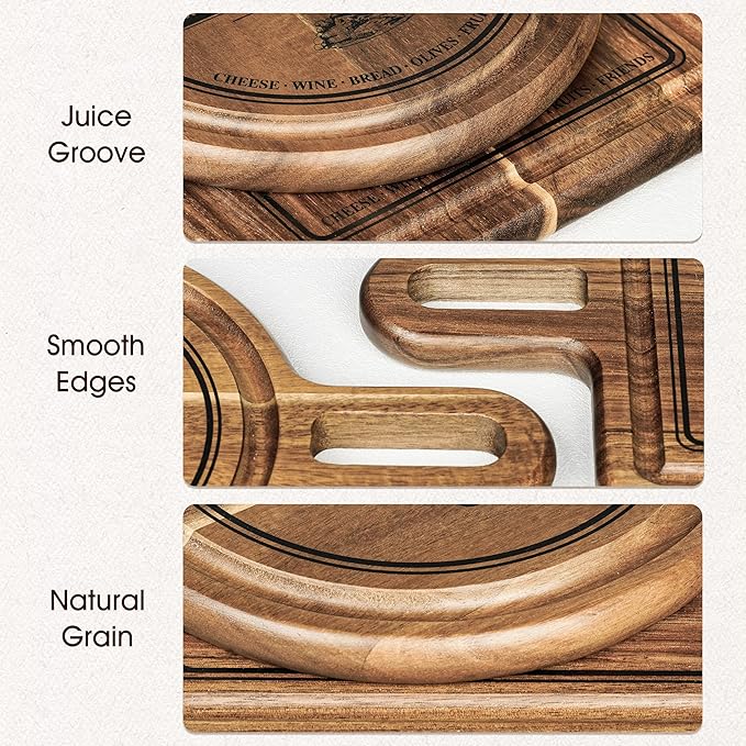 Acacia Cheese Board and Small Cutting Board Set with Groove, Round & Square Wooden Charcuterie Serving Boards for Cheese, Meat, Bread, Fruit – Kitchen & Gift Set