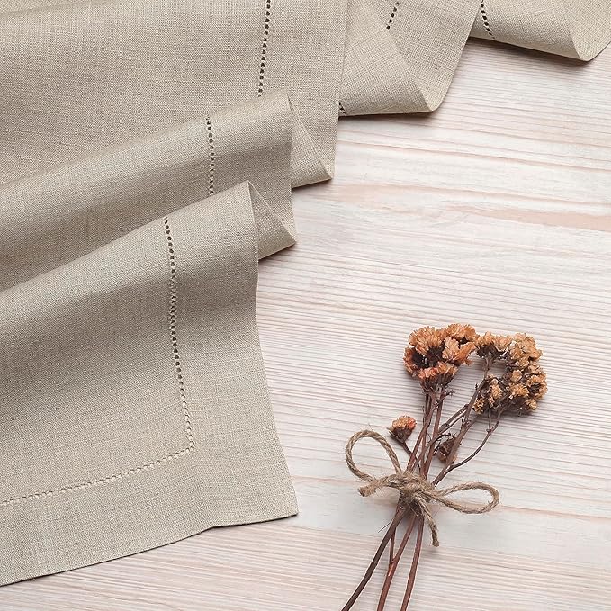 D'Moksha Homes Linen Natural Table Runner 120 Inches Long - 100% Pure Linen Hemstitch 14 x 120 Inch Table Runner for Dining, Fall, Autumn and Halloween - Classic Hemstitch