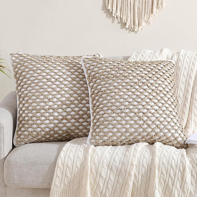 Boho Living Jada Premium Woven Design, Living Room Décor, Decorative Throw, (2) 18" x 18" Pillow Covers with Insert, White 2 Count