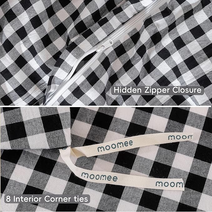 MooMee Gingham Duvet Cover Set 100% Washed Cotton Linen Like Textured Breathable Durable Soft Comfy Modern Checkered Design (Black White Gingham, Oversized Queen 98"x98")