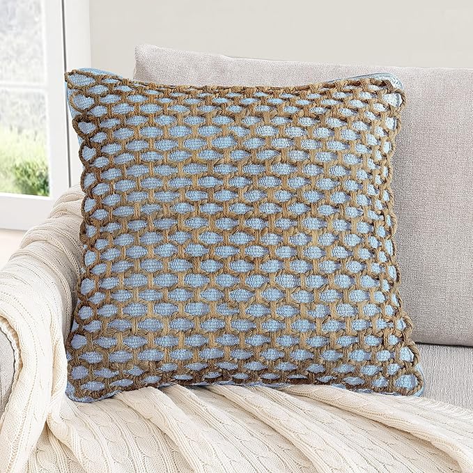 Boho Living Jada Decorative Throw, (1) 18" x 18" Pillow Cover with Insert, Light Blue