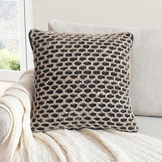 Boho Living Jada Decorative Throw, Includes Accent, Premium Woven Design, Living Room Décor, (1) 20" x 20" Pillow Cover with Insert, Black