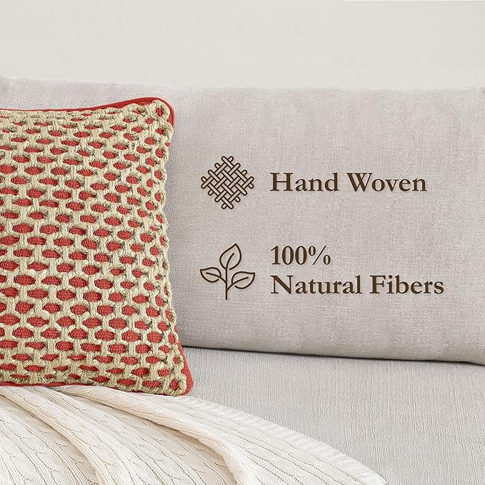 Boho Living Jada Premium Woven Design, Living Room Décor, Decorative Throw, (2) 20" x 20" Pillow Covers with Insert, Rust 2 Count