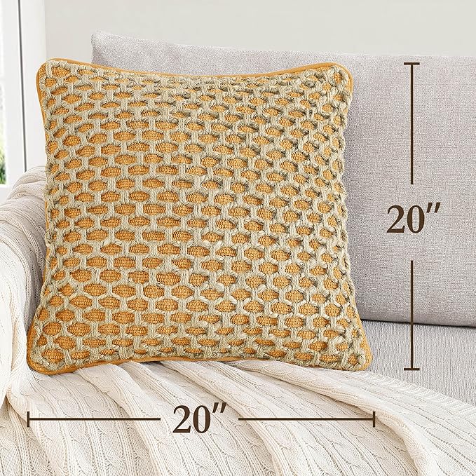 Boho Living Jada Premium Woven Design, Living Room Décor, Decorative Throw, (2) 20" x 20" Pillow Covers, Mustard Yellow 2 Count