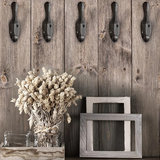 Rustic Cast Iron Coat Hooks (5 Pack) - Wall Mounted Farmhouse Decorative Vintage Hooks for Hanging Coats, Bags, Hats, Towels (Black, Large Spoon)