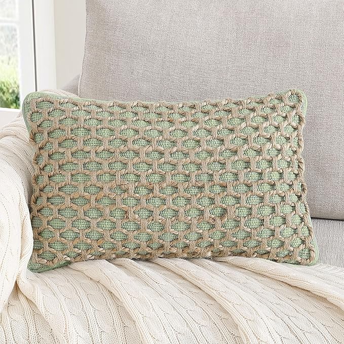 Boho Living Jada Premium Woven Design, Decorative Throw, Living Room Décor, (1) 12" x 20" Pillow Cover, Sage Green
