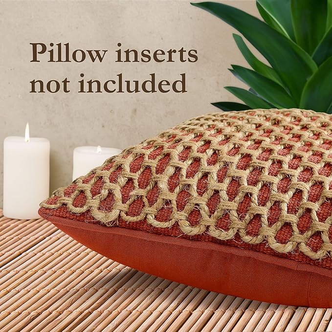 Boho Living Jada Premium Woven Design, Living Room Décor, Decorative Throw, (2) 18" x 18" Pillow Covers, Rust 2 Count