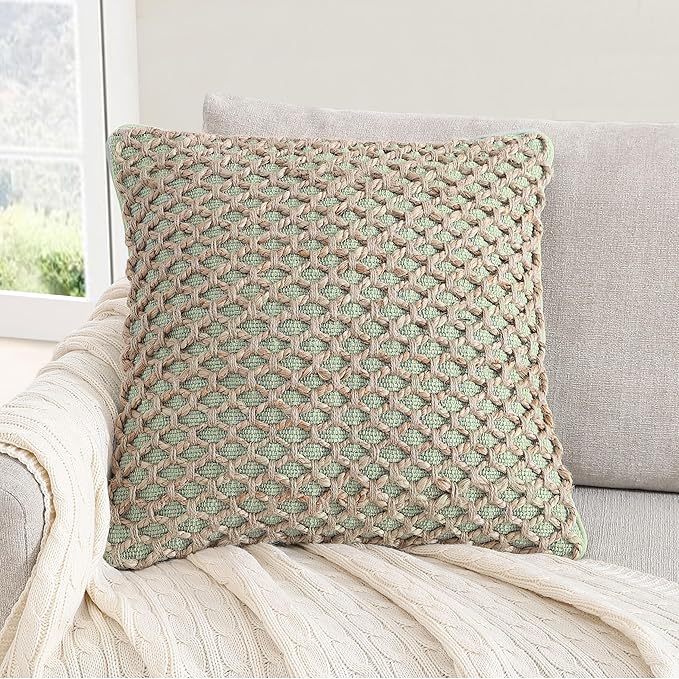 Boho Living Jada Premium Woven Design, Living Room Décor, Decorative Throw, (1) 18" x 18" Pillow Cover with Insert, Sage Green