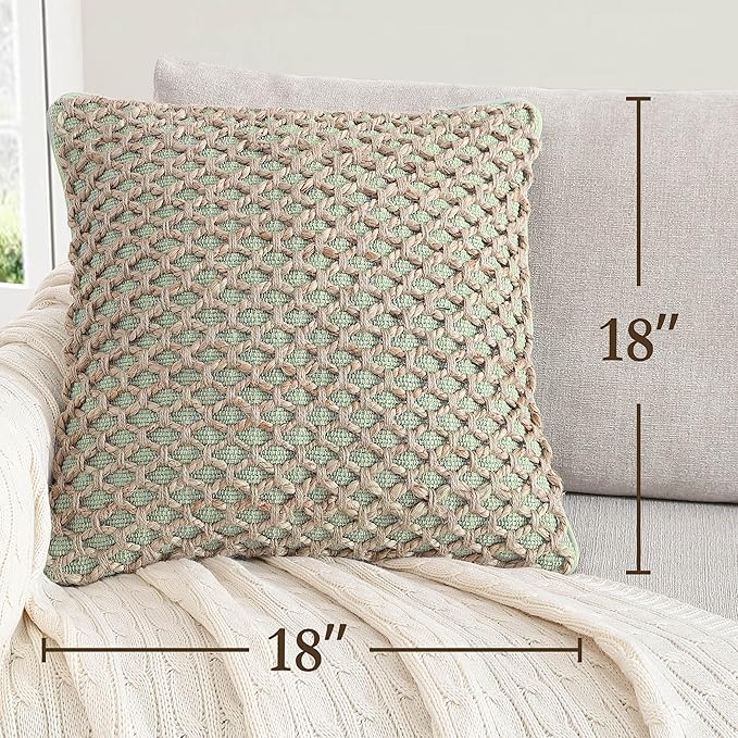 Boho Living Jada Premium Woven Design, Living Room Décor, Decorative Throw, (2) 18" x 18" Pillow Covers with Insert, Sage Green 2 Count