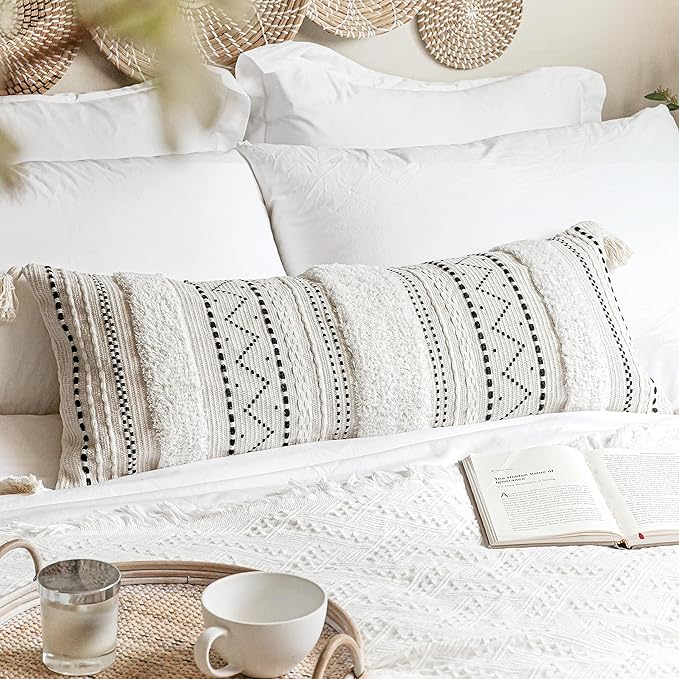 BlissBlush Black Neutral Decorative Lumbar Throw Pillow Cover 14x36 Boho Long Cushion for Bed Accent Farmhouse Pillowcase for Bedroom Living Room Couch Sofa Home Décor (Cover ONLY, Pack of 1)