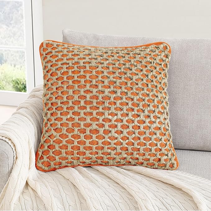 Boho Living Jada Premium Woven Design, Living Room Décor, Decorative Throw, (1) 18" x 18" Pillow Cover with Insert, Harvest Orange