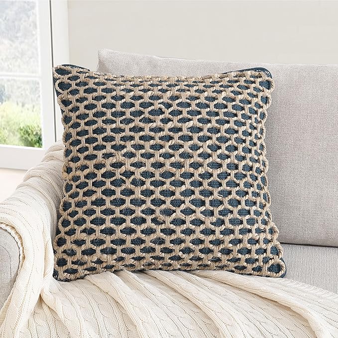 Boho Living Jada Premium Woven Design, Living Room Décor, Decorative Throw, (1) 18" x 18" Pillow Cover with Insert, Indigo