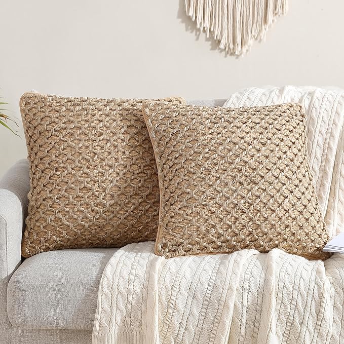 Boho Living Jada Decorative Throw, Includes Accent, Premium Woven Design, Living Room Décor, (2) 20" x 20" Pillow Cover with Insert, Beige