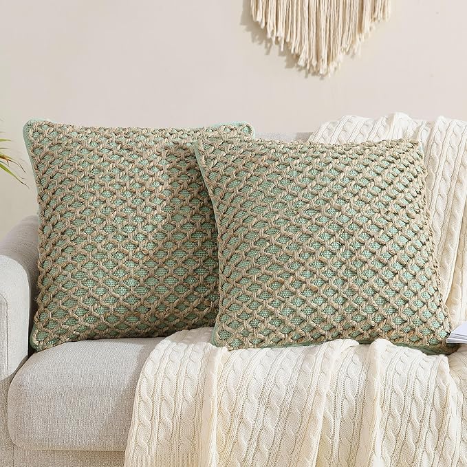 Boho Living Jada Premium Woven Design, Living Room Décor, Decorative Throw, (2) 18" x 18" Pillow Covers with Insert, Sage Green 2 Count