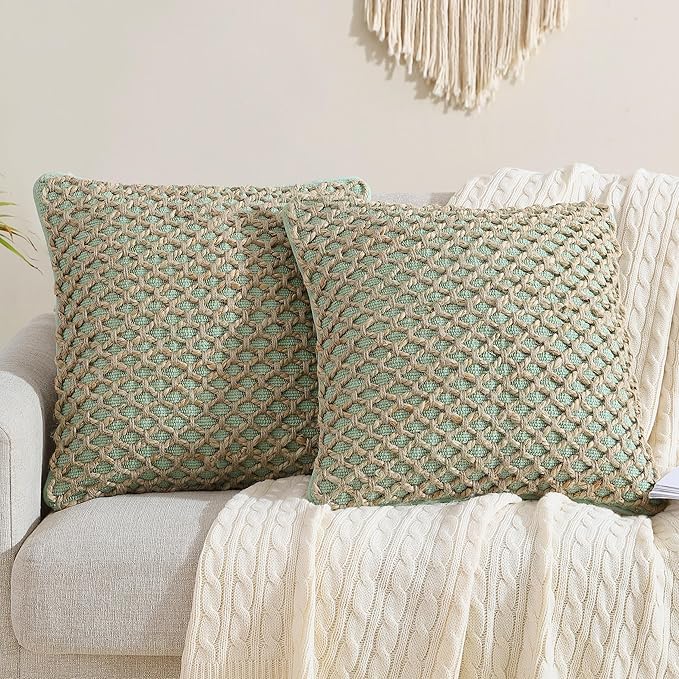 Boho Living Jada Decorative Throw, Includes Accent, Premium Woven Design, Living Room Décor, (2) 20" x 20" Pillow Cover with Insert, Sage Green