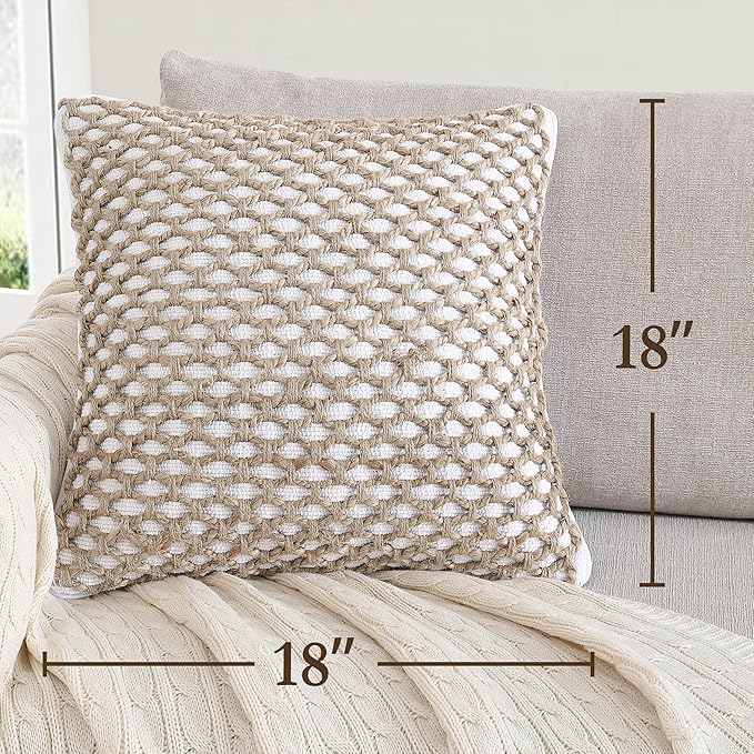 Boho Living Jada Premium Woven Design, Living Room Décor, Decorative Throw, (2) 18" x 18" Pillow Covers, White 2 Count