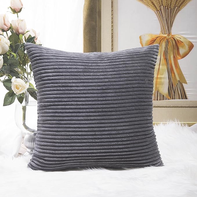 Home Brilliant Grey Pillow Covers 18 x 18 Set of 2 Soft Decorative Striped Corduroy Velvet Square Throw Pillow Cover for Sofa Couch, 18x18 inch, Dark Grey