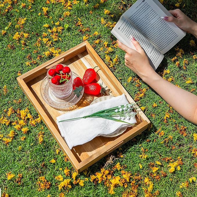 Natural Acacia Wooden Rectangular Serving Tray with Handles, Set of 2 (15"x11"), Large Tray for Ottoman, Breakfast in Bed, Dinner, Coffee Table Decor & Kitchen