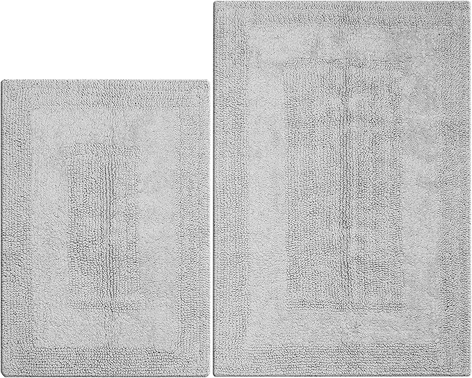 Bathroom Rugs Set 2 Piece Light Grey Cotton Tufted Reversible Washable Bath Mats for Bathroom Floor| Quick Dry Bathroom Mat for Tub Spa Shower Toilet| Entry Way Door Mats|21x32 & 17x24 Inches