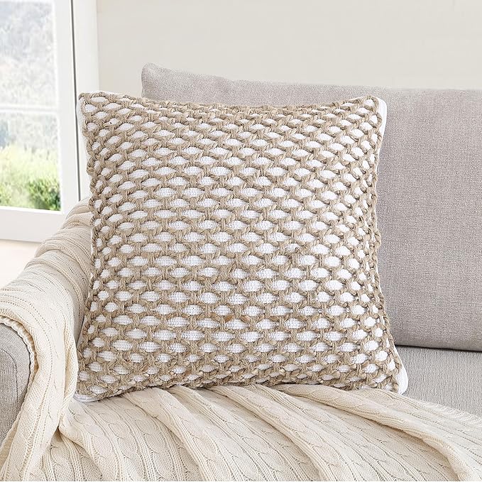 Boho Living Jada Premium Woven Design, Living Room Décor, Decorative Throw, (1) 18" x 18" Pillow Cover with Insert, White