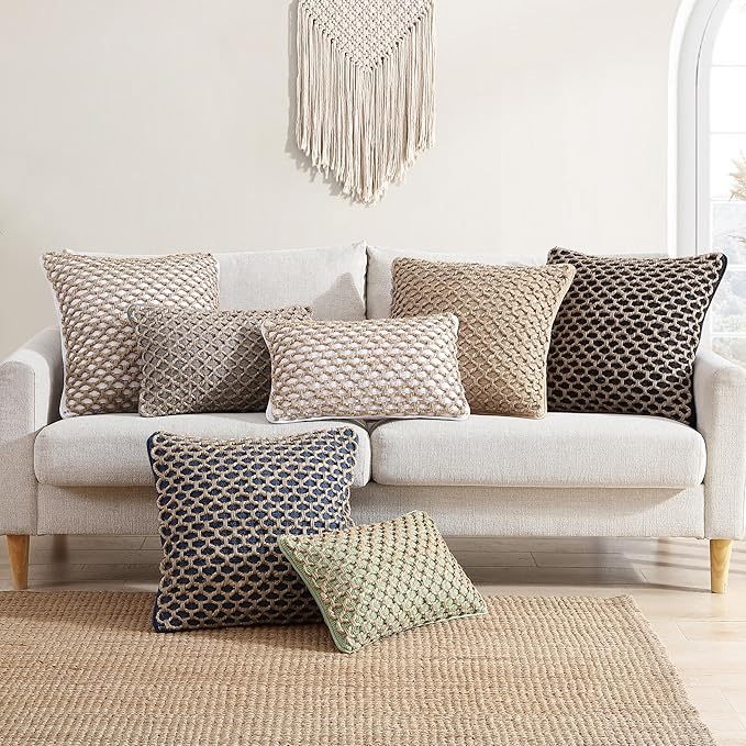 Boho Living Jada Decorative Throw, Includes Accent, Premium Woven Design, Living Room Décor, (2) 20" x 20" Pillow Cover with Insert, Beige